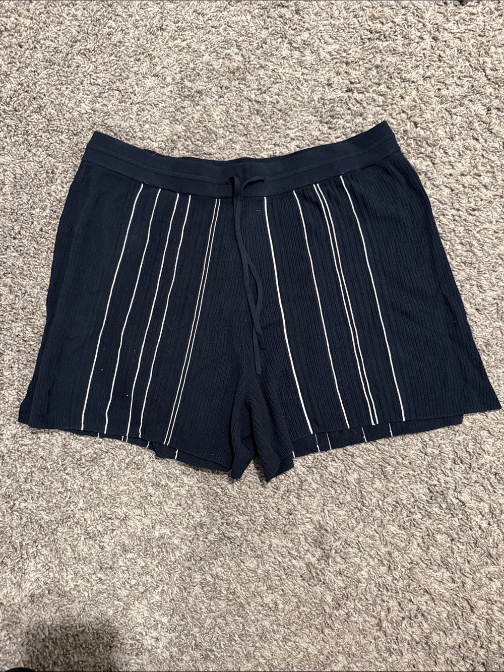 Theory - Navy Knit Drawstring Shorts with White Pinstripes